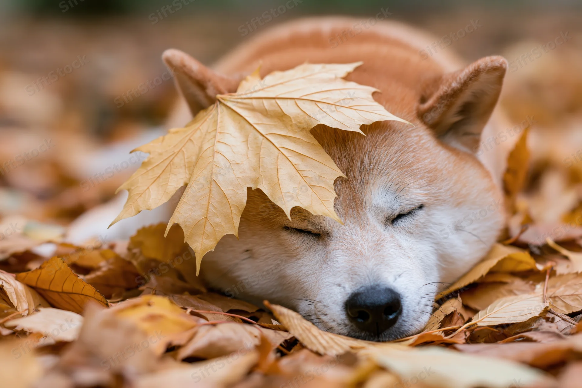 Shiba inu dog sleeping with eyes closed in a pile of fallen autumn leaves