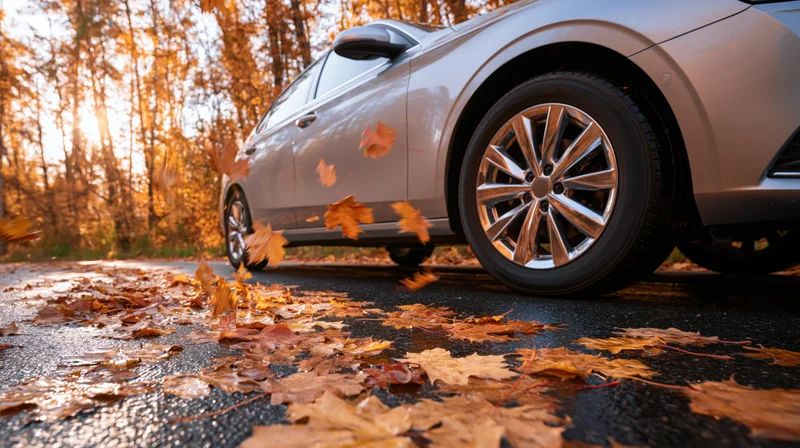 Silver sedan driving on wet autumn road with swirling leaves around wheels