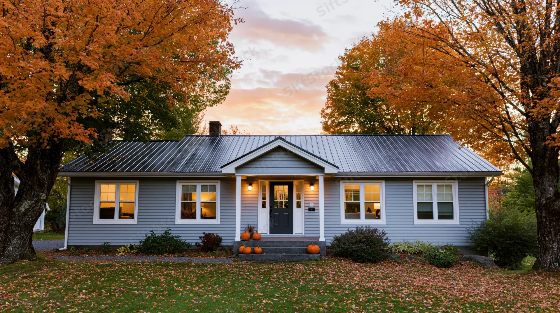Single-story ranch house with grey vinyl siding and dark metal roof at sunset, surrounded by autumn trees and pumpkins on the porch steps