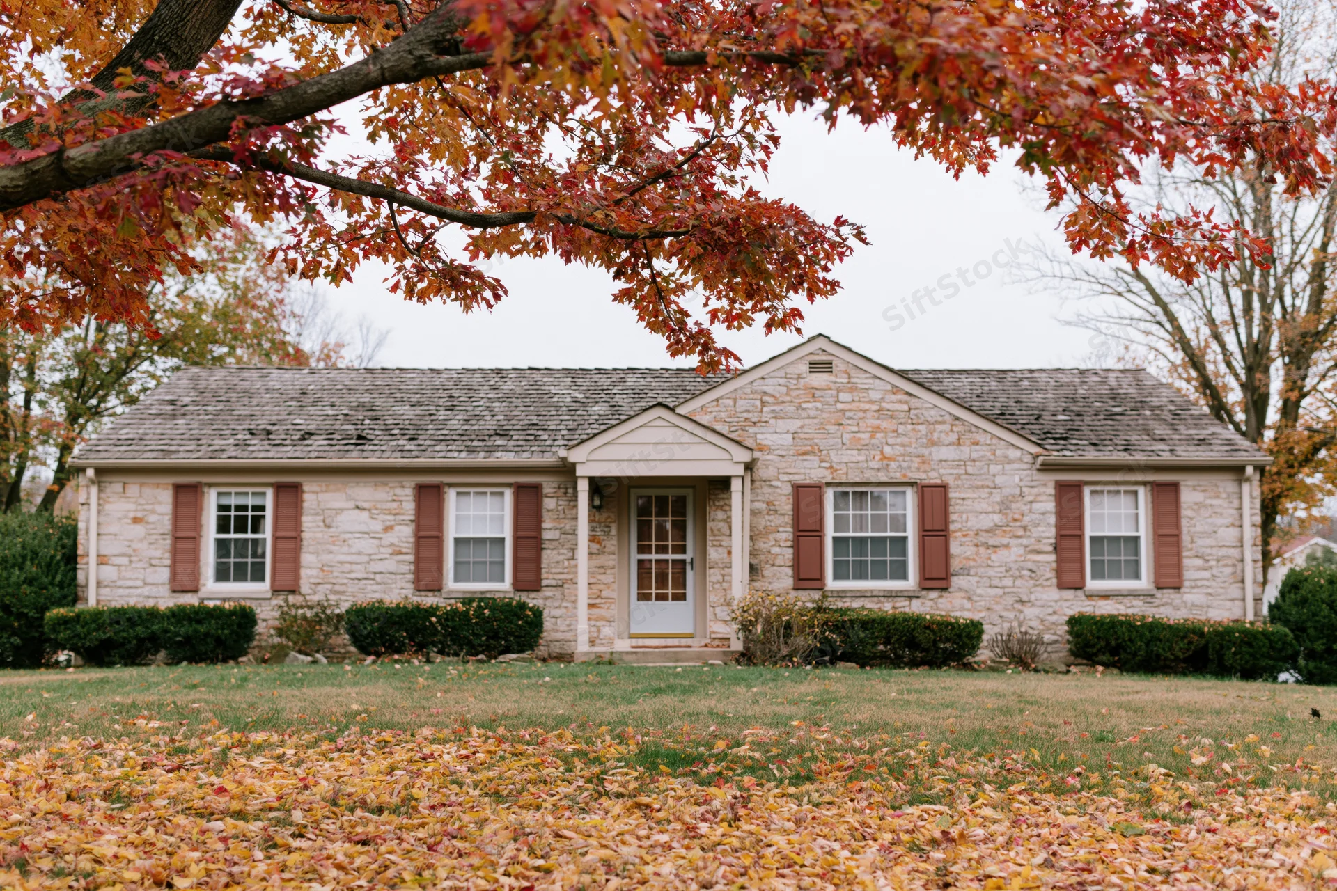 Single-story stone ranch house with brown shutters and autumn leaves on lawn
