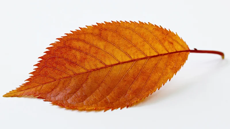 Single orange autumn cherry leaf with serrated edges and visible veins on white background