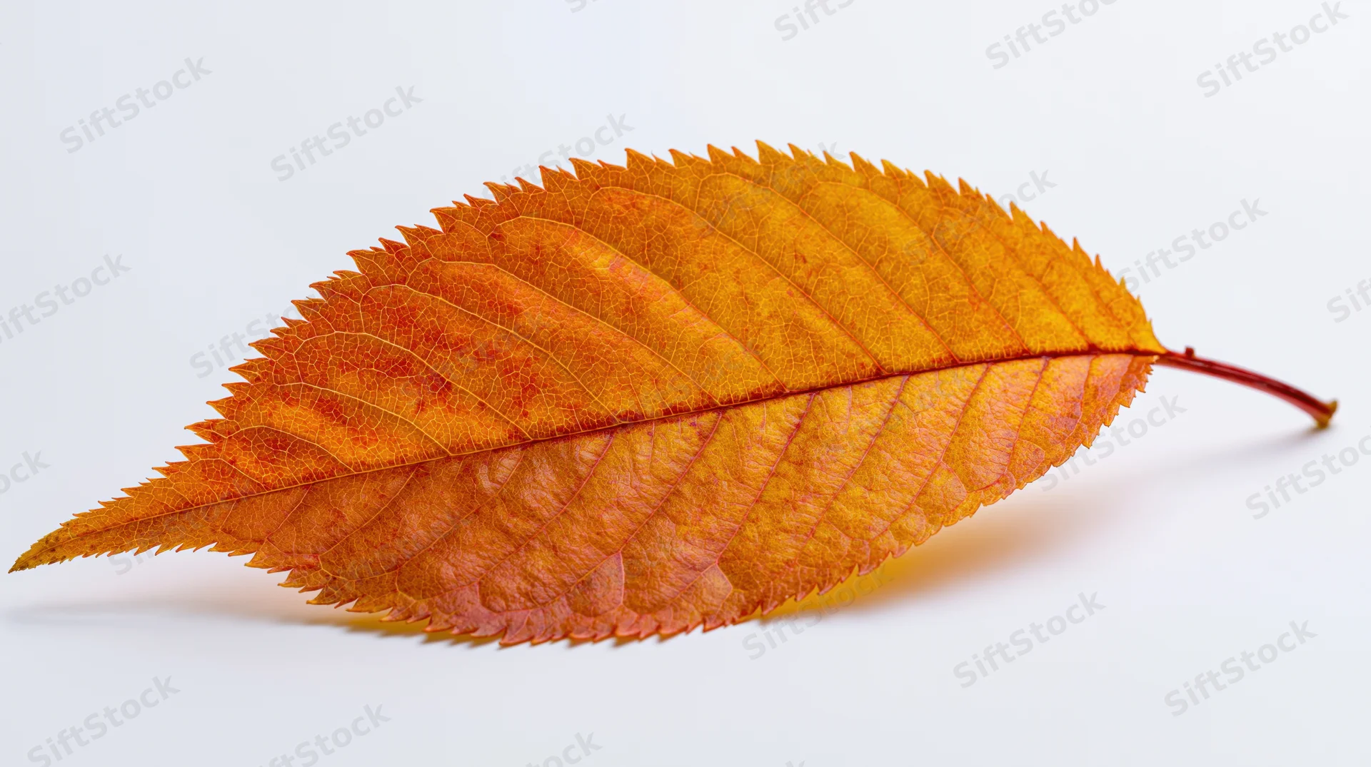 Single autumn cherry leaf with serrated edges and visible veins on white background