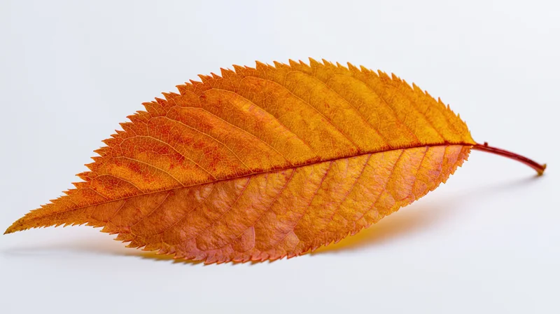 Single autumn cherry leaf with serrated edges and visible veins on white background