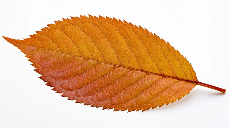 Single autumn cherry leaf with serrated edges and visible veins on white background