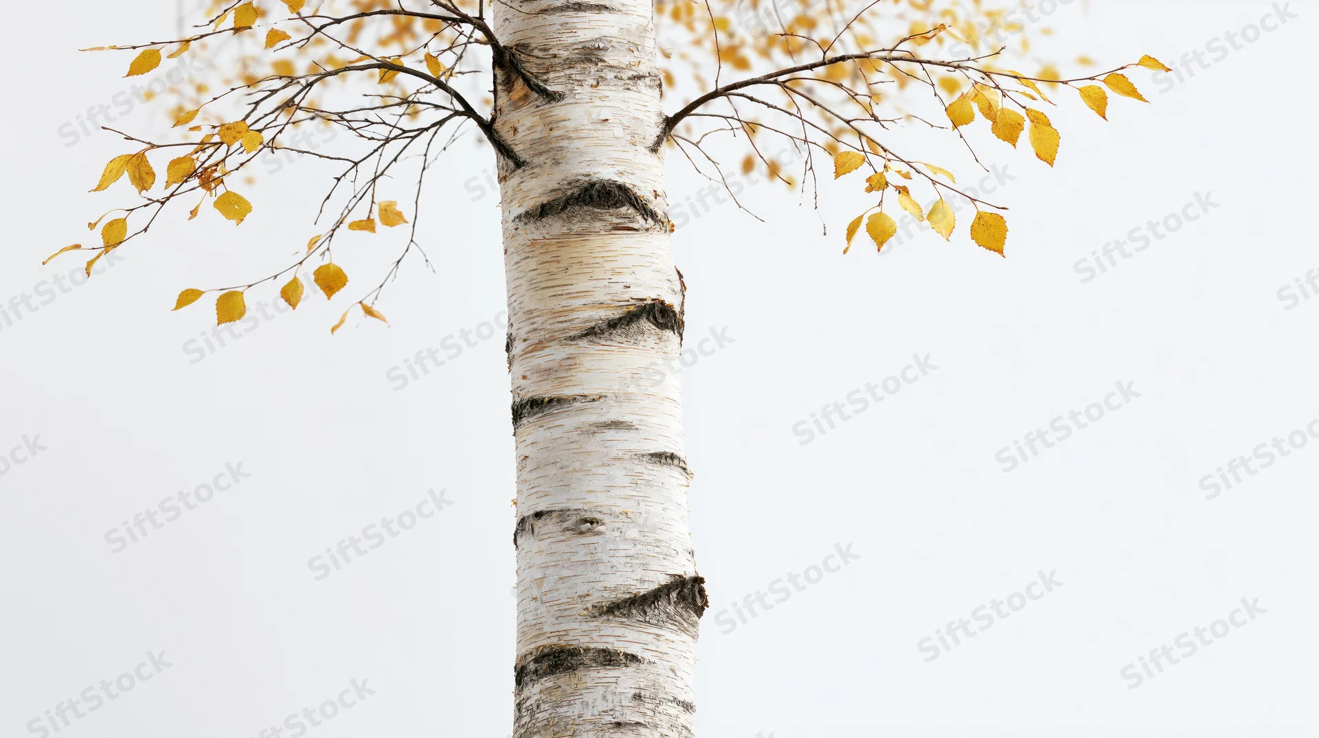 Birch tree trunk with sparse yellow autumn leaves against a pale sky