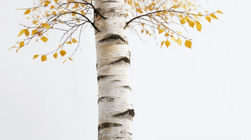 Birch tree trunk with sparse yellow autumn leaves against a pale sky
