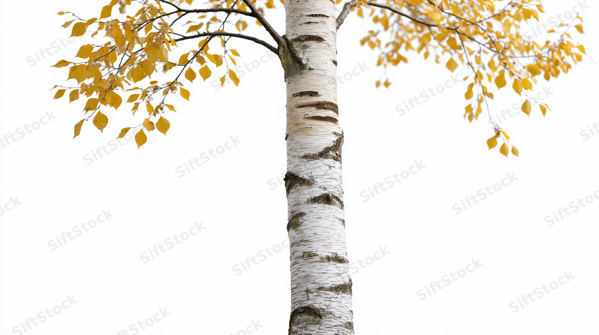 Birch tree trunk with sparse yellow autumn leaves against white background