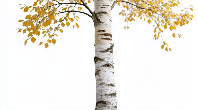 Birch tree trunk with sparse yellow autumn leaves against white background
