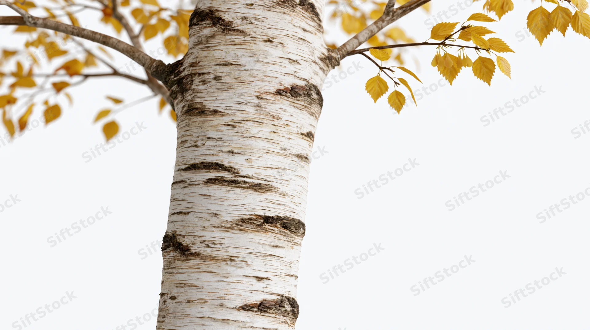 Birch tree trunk with sparse yellow autumn leaves against white background