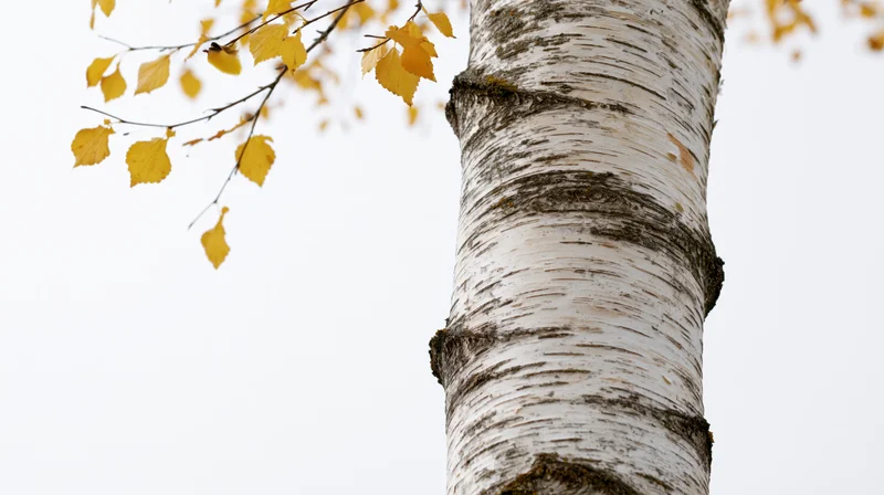 Birch tree trunk with sparse yellow autumn leaves against a bright sky