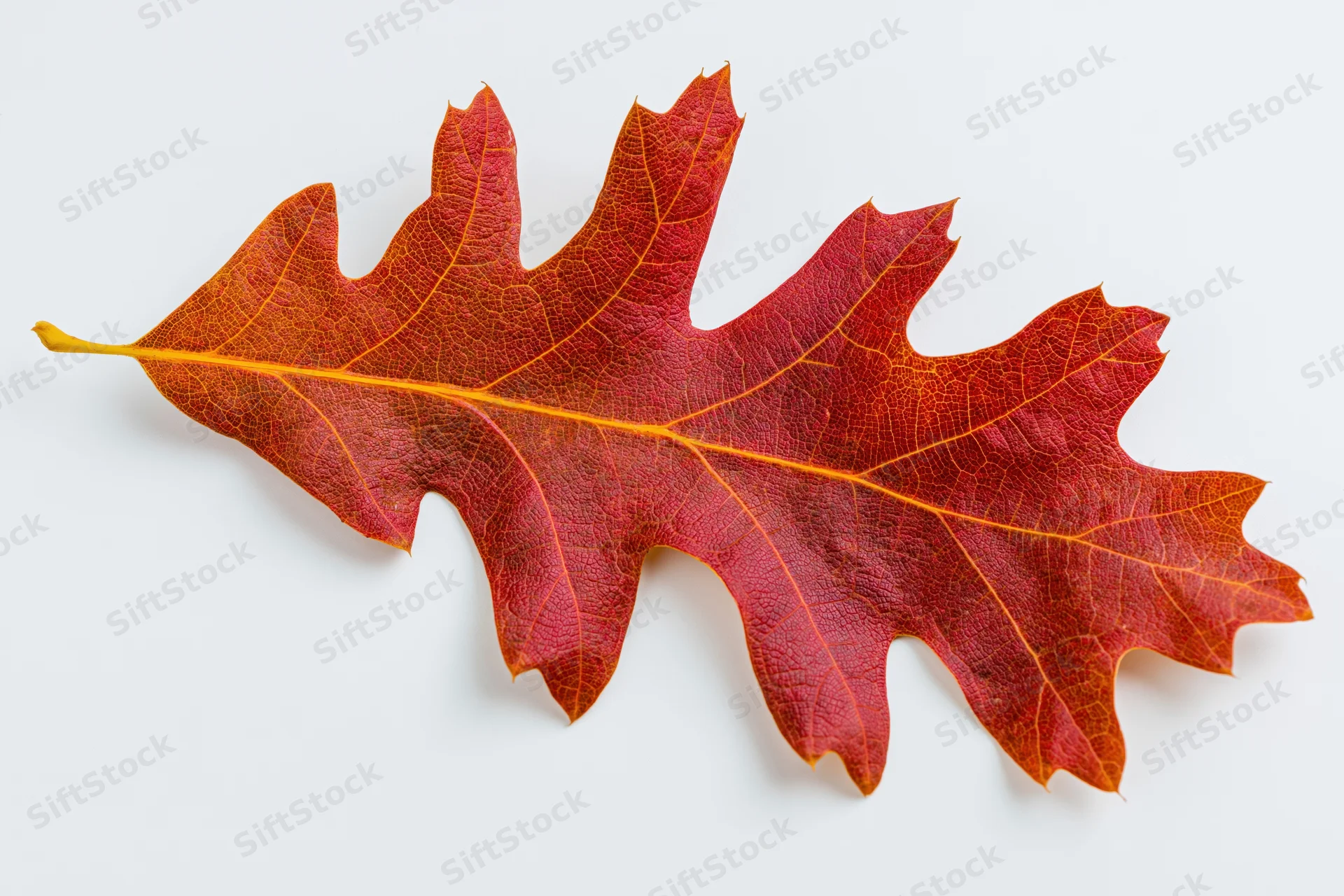 Single red oak leaf with visible veins lying flat on white surface