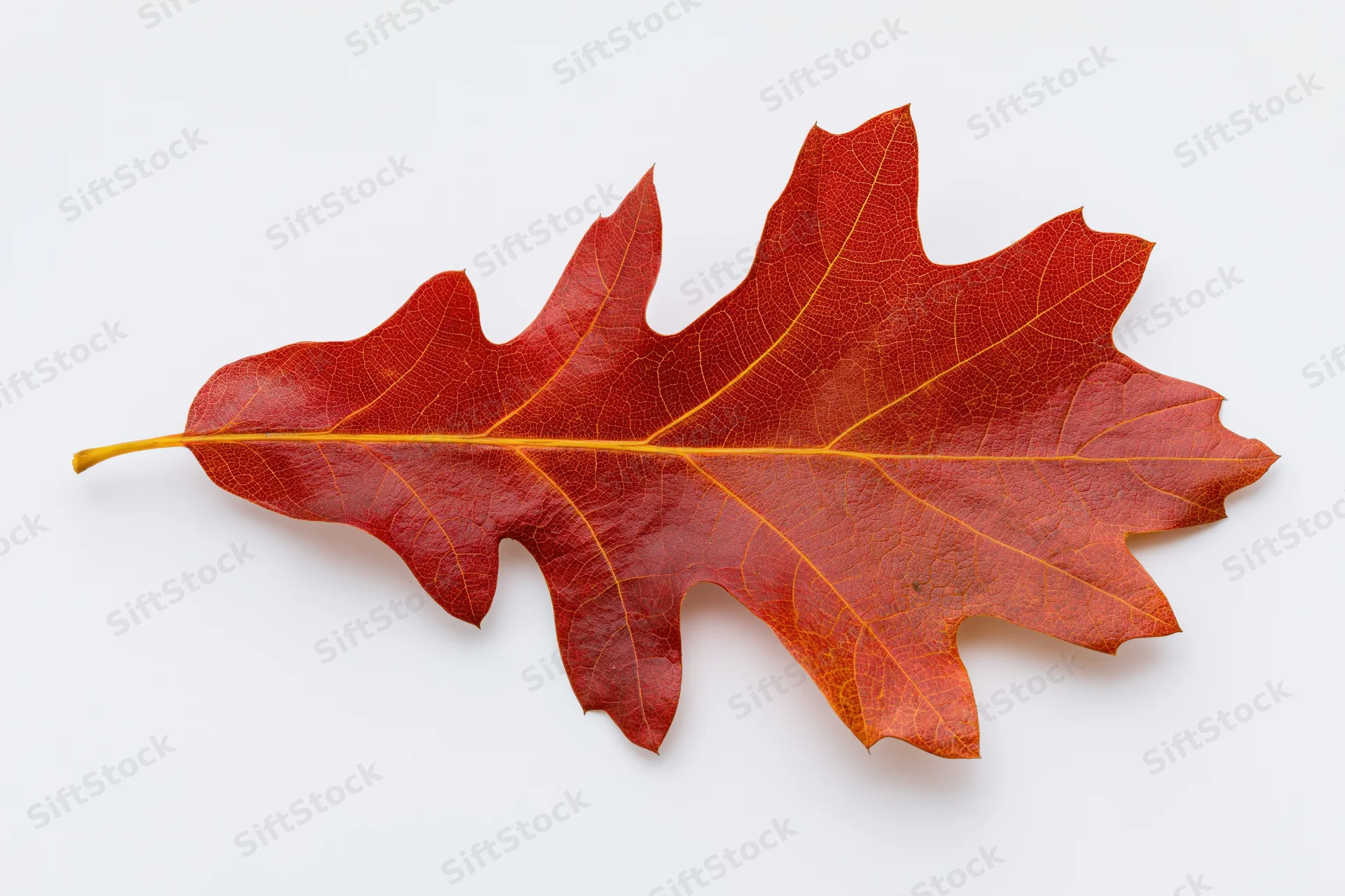 Single red oak leaf with visible veins on white background