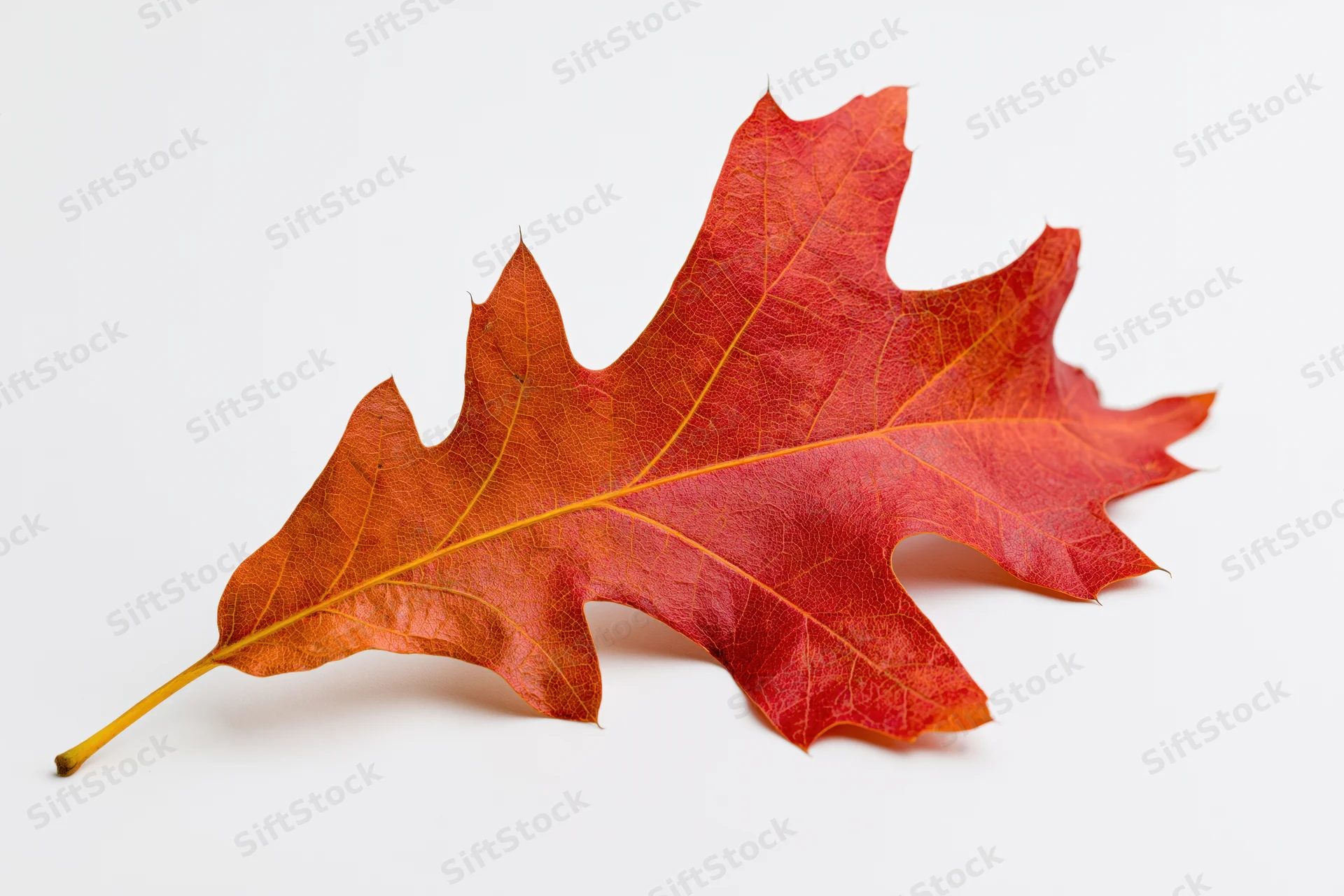 Single red oak leaf with orange-yellow veins on white background