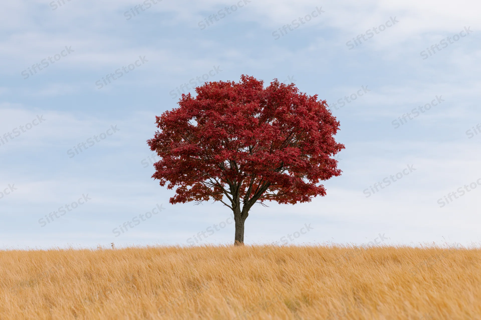 Solitary tree with red autumn foliage standing in a golden grass field under a blue sky