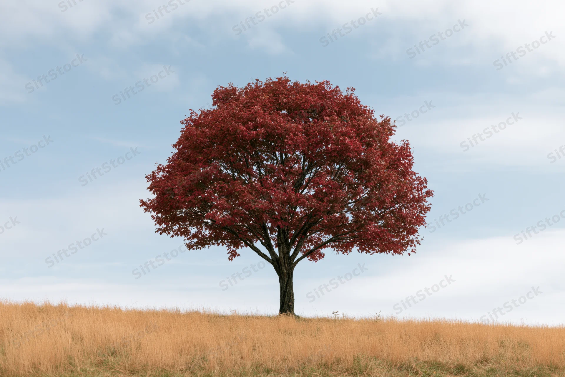 Solitary mature tree with full round red canopy standing in a grassy field under a cloudy sky