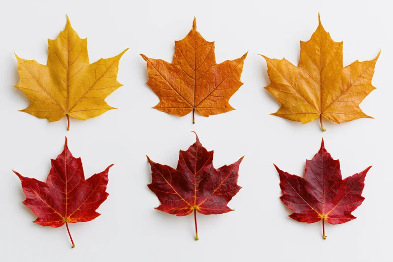 Six autumn maple leaves arranged in two rows on white background