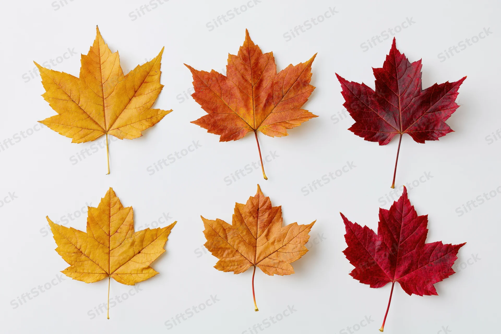 Six autumn maple leaves arranged in two rows on white background