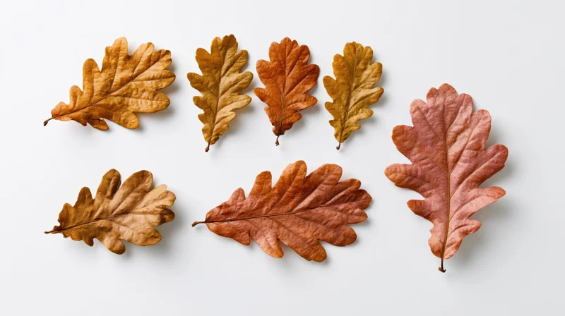 Dried oak leaves arranged in two rows on white background