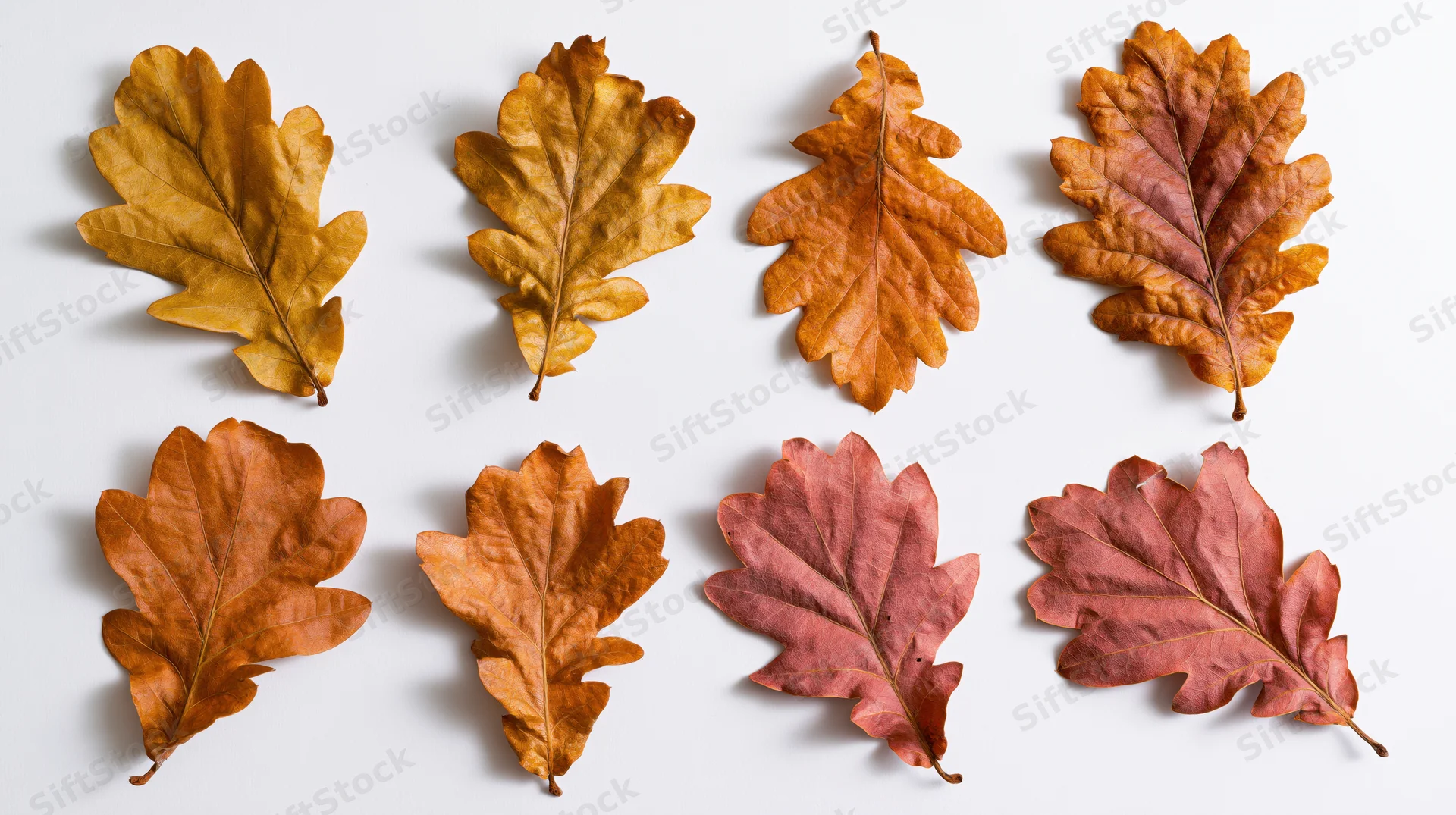 Eight dried oak leaves arranged in two rows on white background