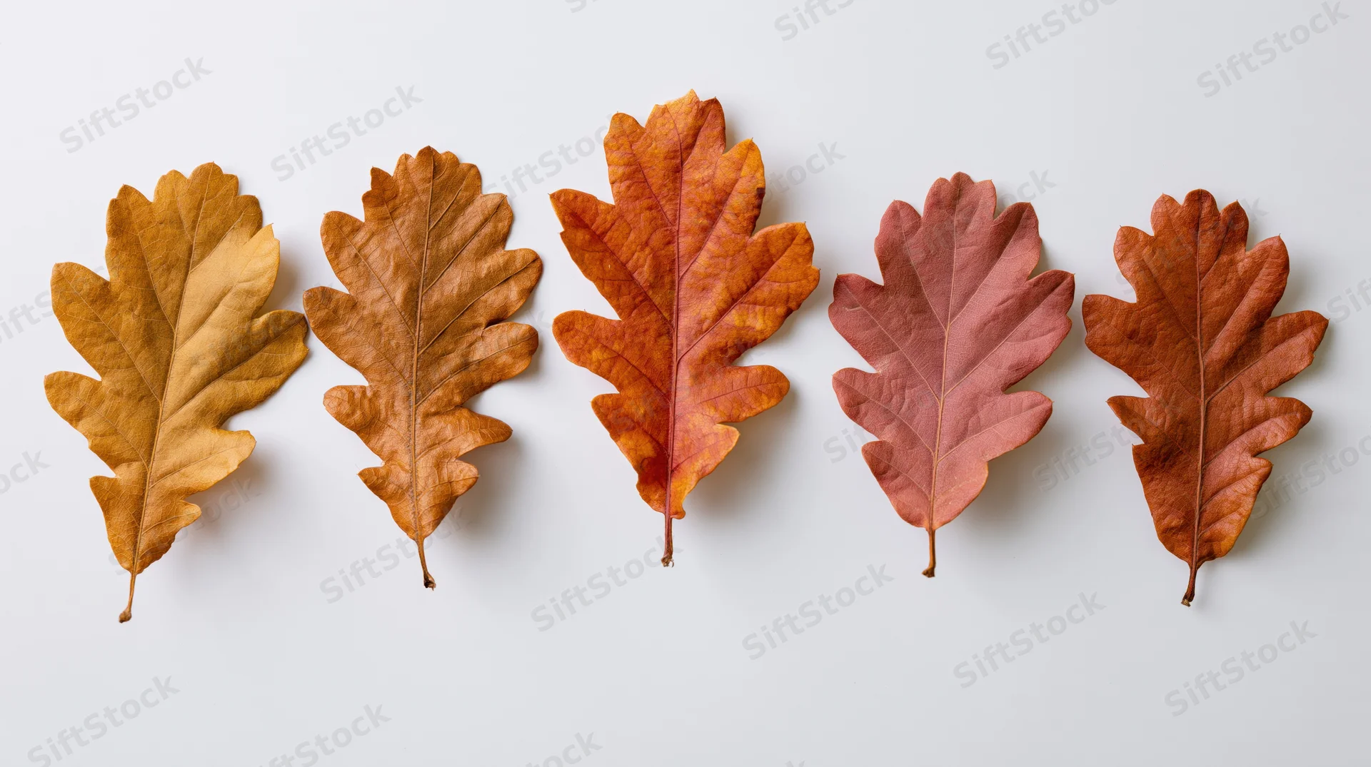 Five dried oak leaves arranged in a row on a white surface