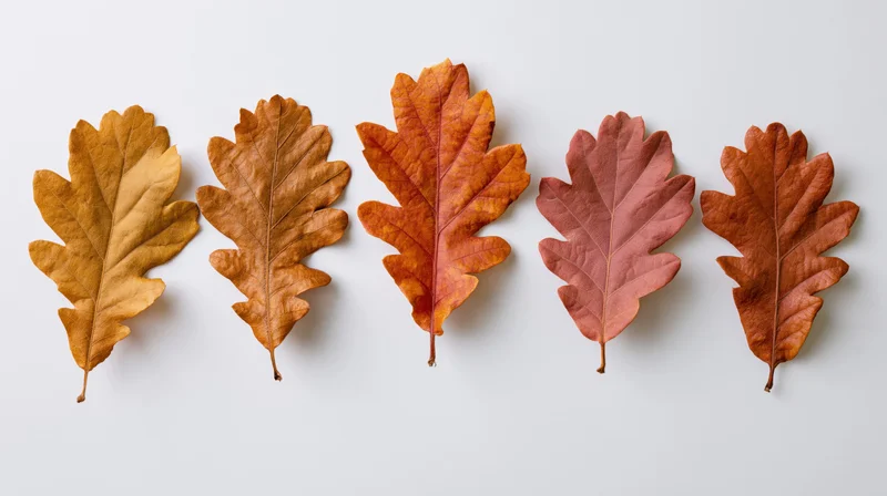 Five dried oak leaves arranged in a row on a white surface