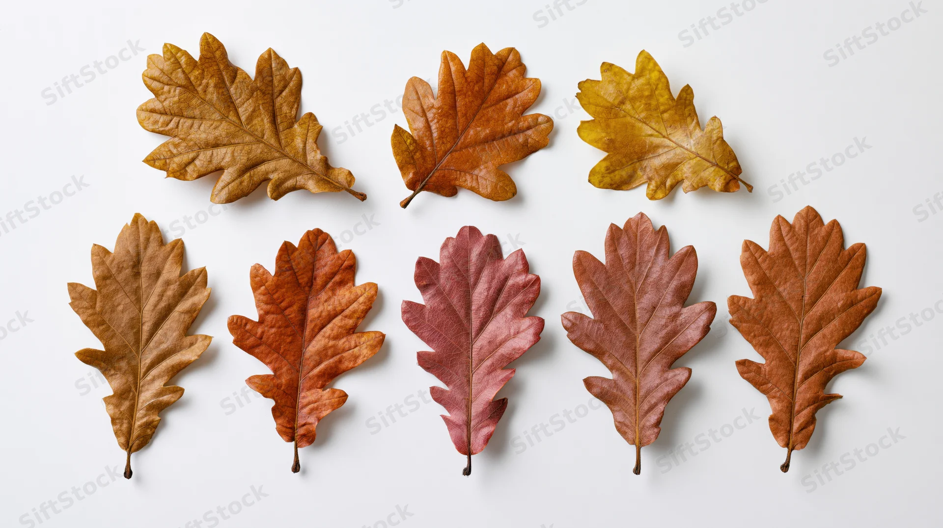 Dried oak leaves arranged in two rows on white background