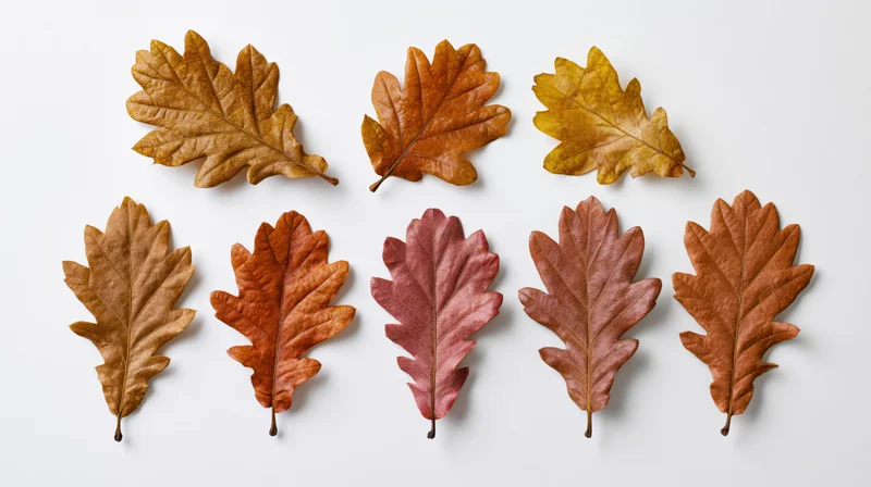 Dried oak leaves arranged in two rows on white background
