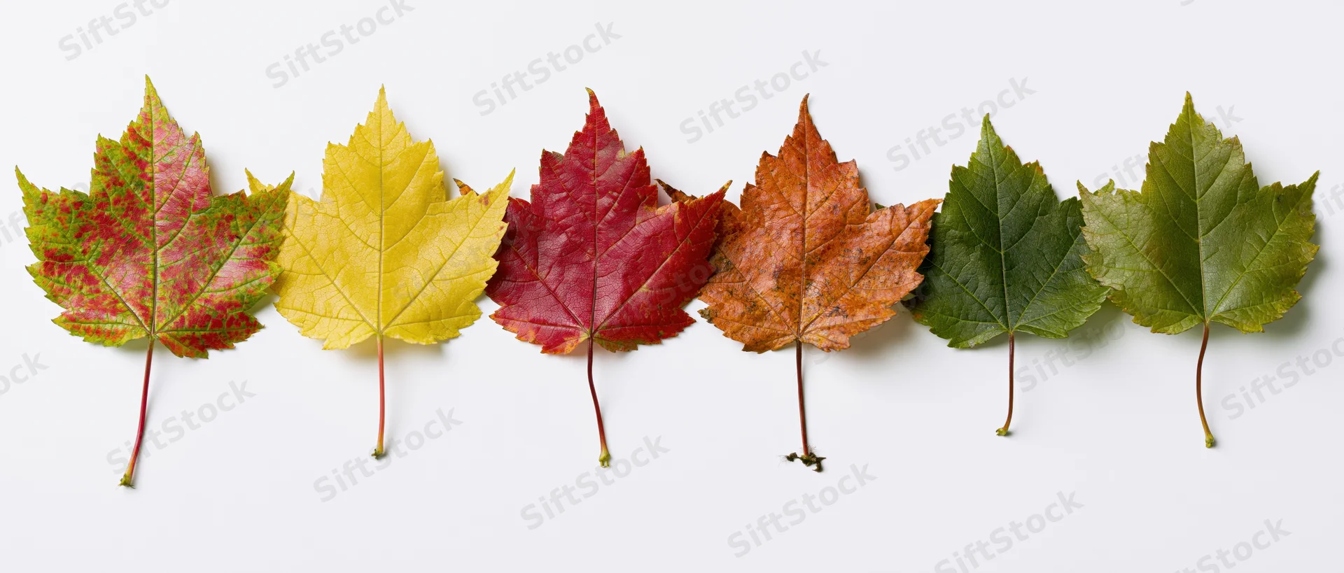 Six maple leaves arranged in a horizontal row on a white surface