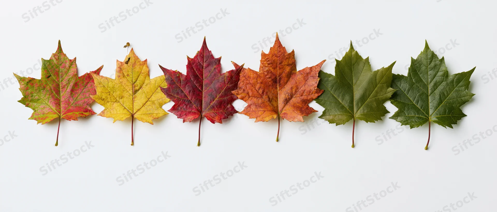 Six maple leaves arranged in a horizontal row on a white background showing color transition from green to red and orange
