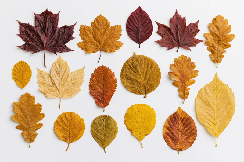 Sixteen assorted autumn leaves arranged in a loose grid pattern on white background