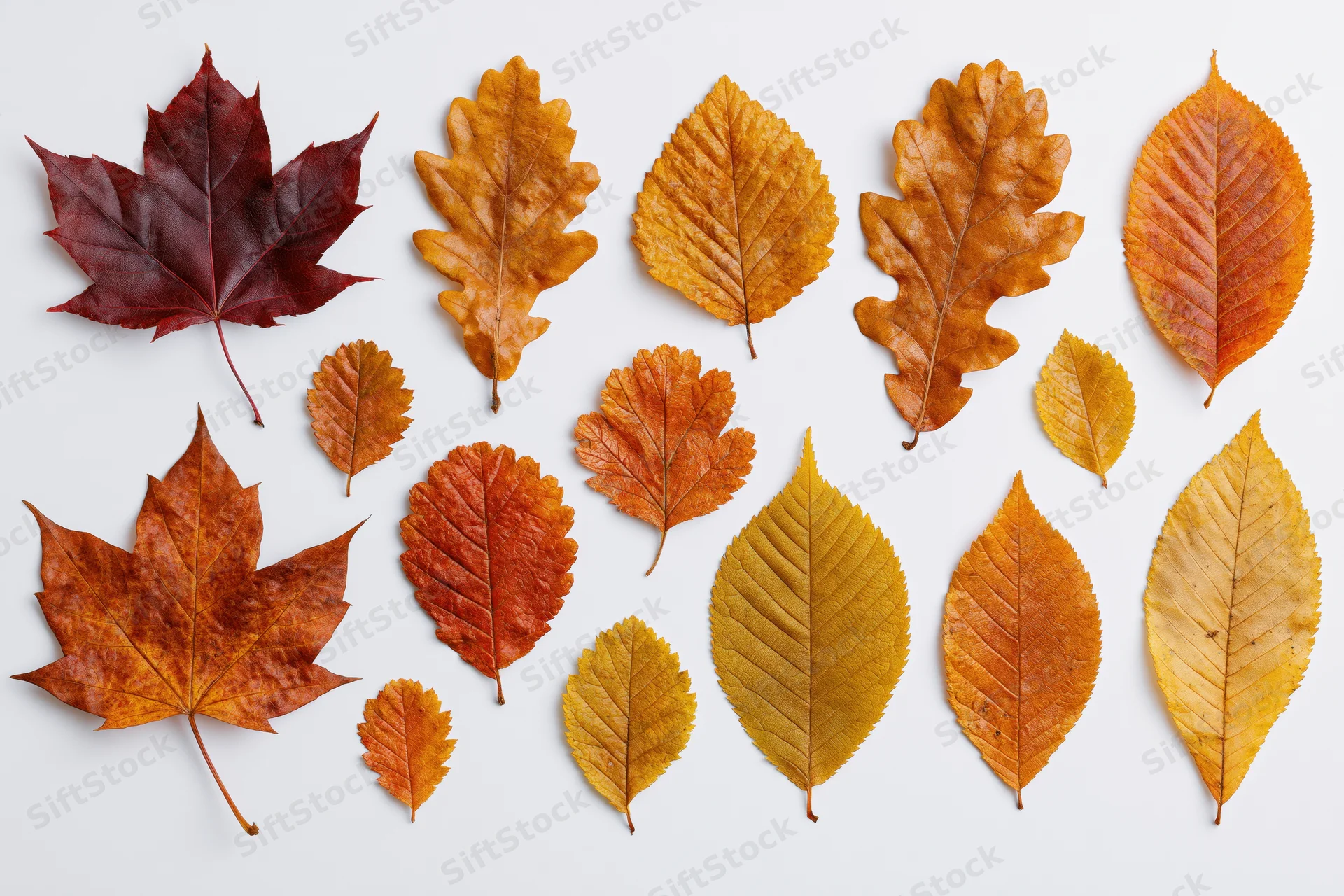 Sixteen assorted autumn leaves arranged in a loose grid pattern on white background