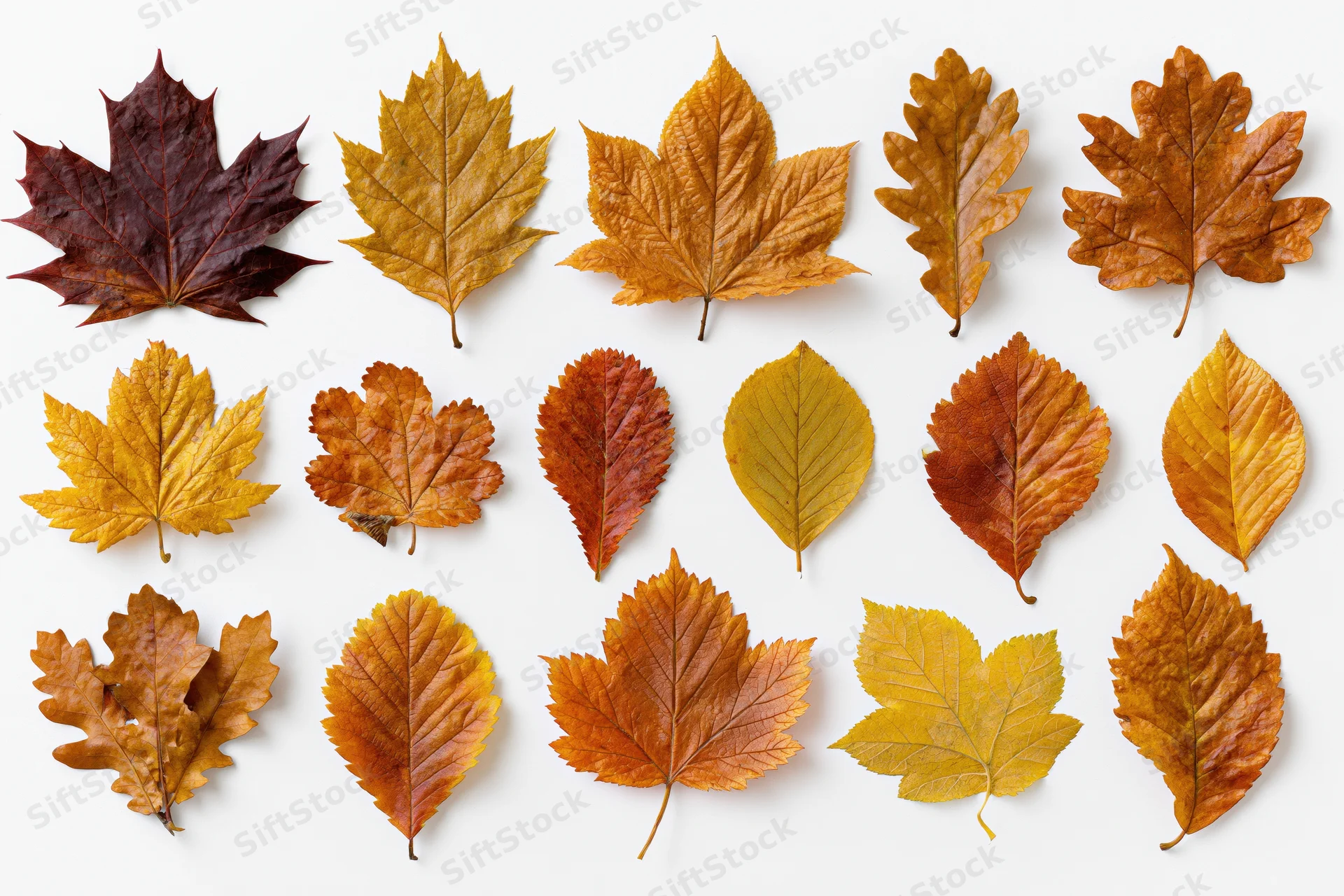 Sixteen assorted autumn leaves arranged in a loose grid pattern on white background