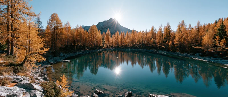Alpine lake reflecting golden autumn trees and mountain under bright sun