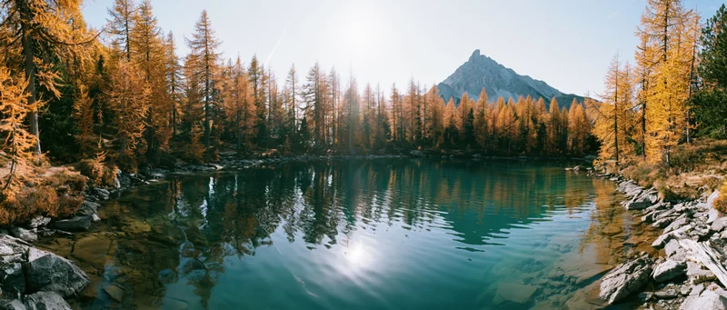 Alpine lake with clear turquoise water reflecting golden autumn trees and a mountain peak under sunlight