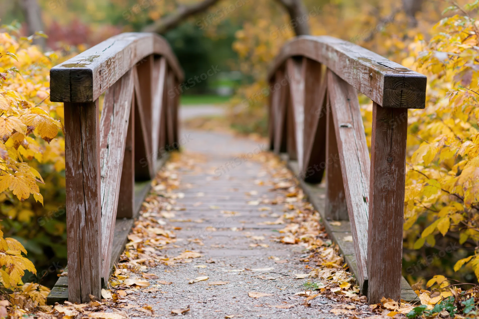 Small arched wooden footbridge with diagonal railing supports over a leaf-covered path in an autumn park