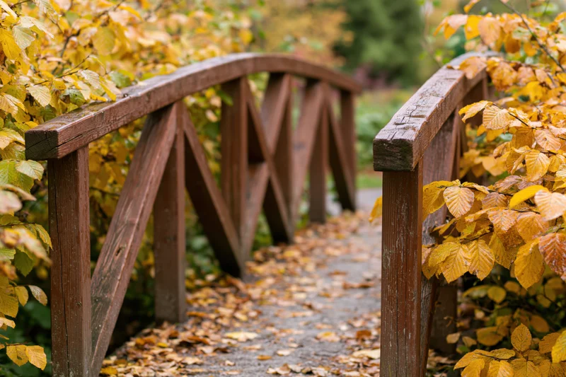 Small arched wooden footbridge over a leaf-covered path in an autumn garden