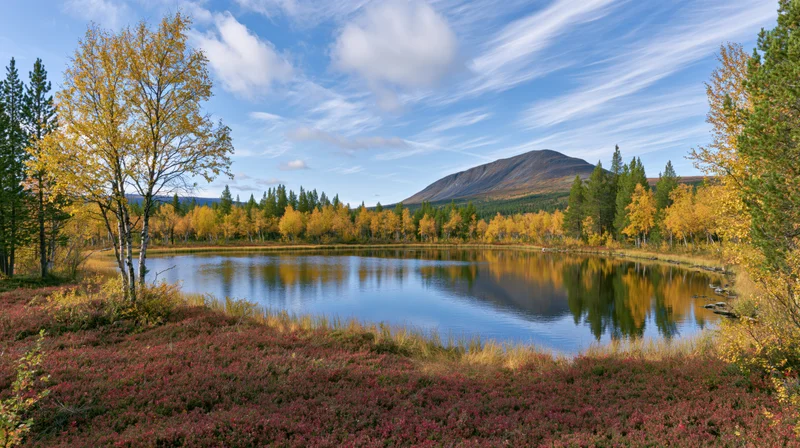 Small boreal lake surrounded by autumn birch and pine trees reflecting in calm water under blue sky with clouds