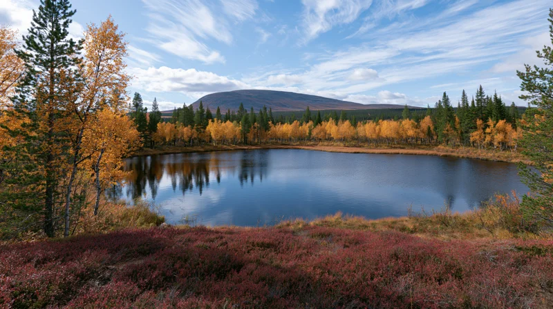 Calm lake reflecting autumn birch and pine trees in a boreal forest landscape