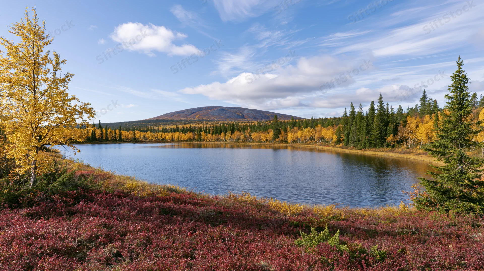 Small boreal lake surrounded by autumn birch and pine trees under a blue sky with scattered clouds