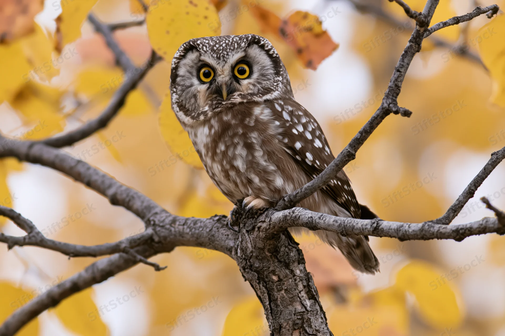 Small owl perched on a bare tree branch facing forward in autumn foliage