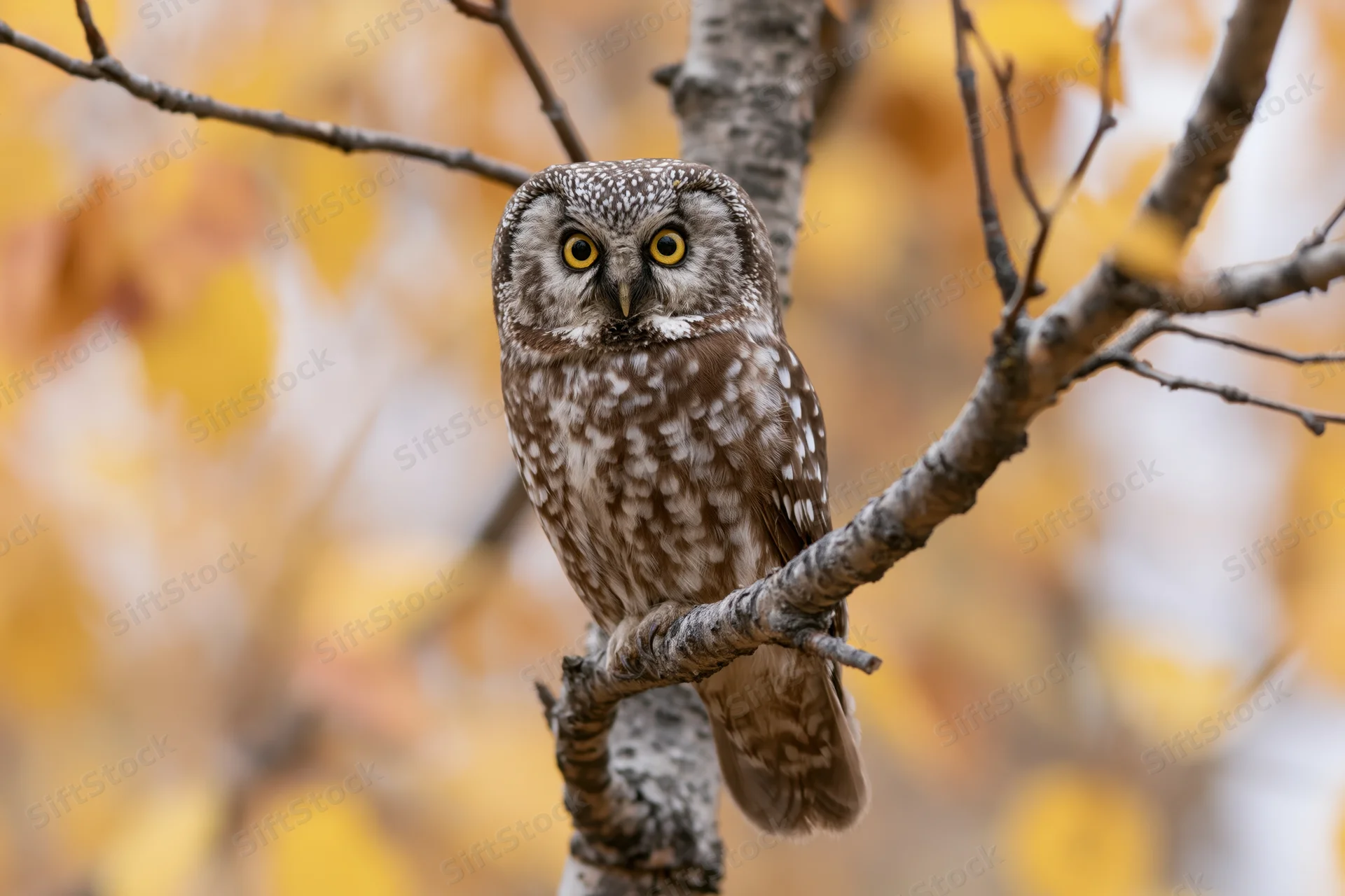 Boreal owl perched on a bare tree branch in autumn foliage