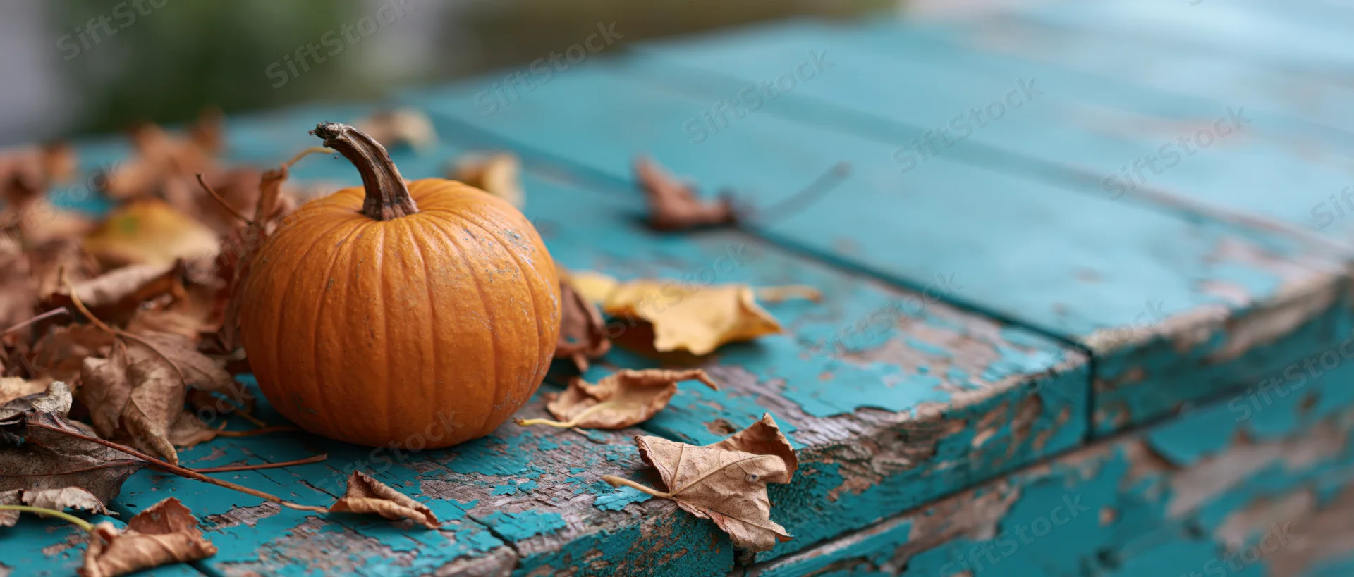 Small orange pumpkin resting among dry autumn leaves on a weathered teal wooden table