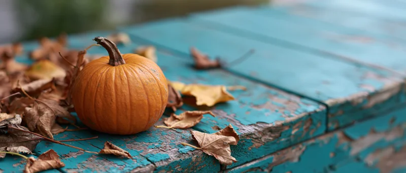 Small orange pumpkin resting among dry autumn leaves on a weathered teal wooden table