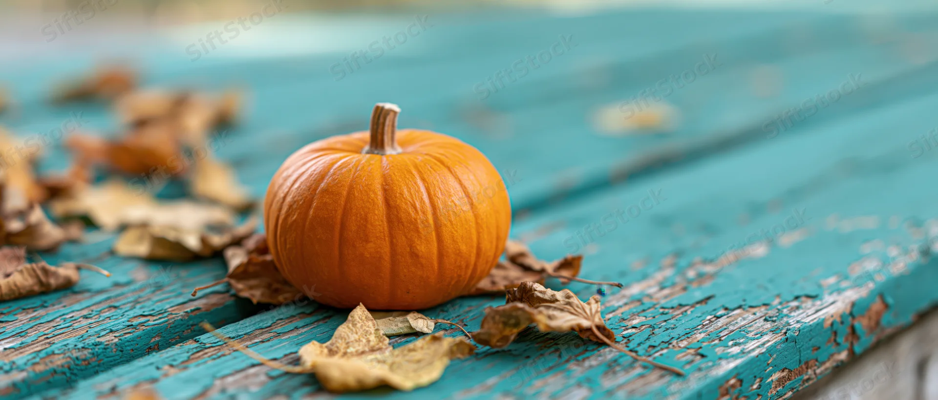 Small orange pumpkin resting among dry autumn leaves on a weathered teal wooden table
