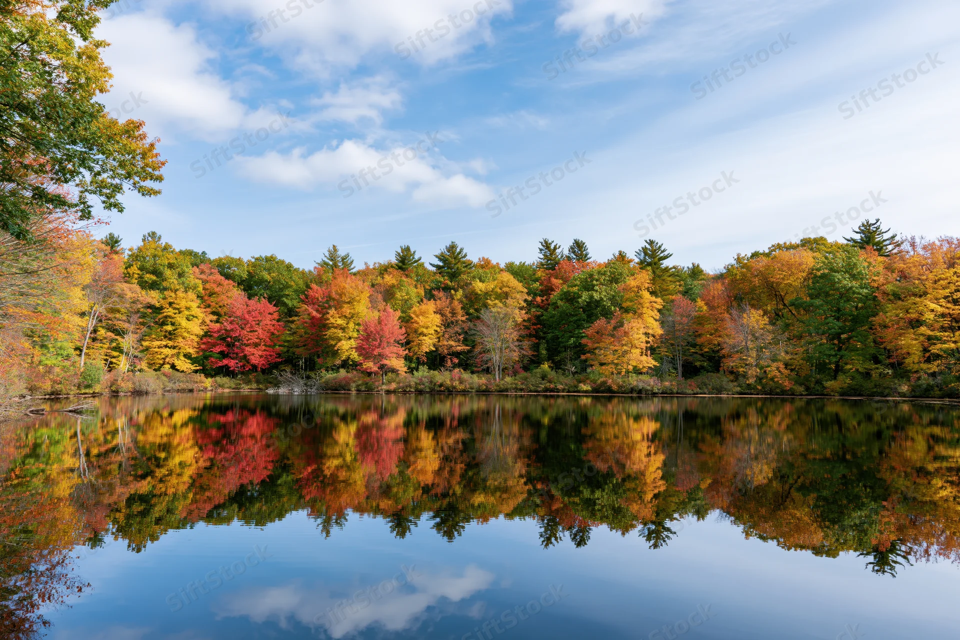 Autumn forest trees reflected in calm pond water under blue sky with clouds