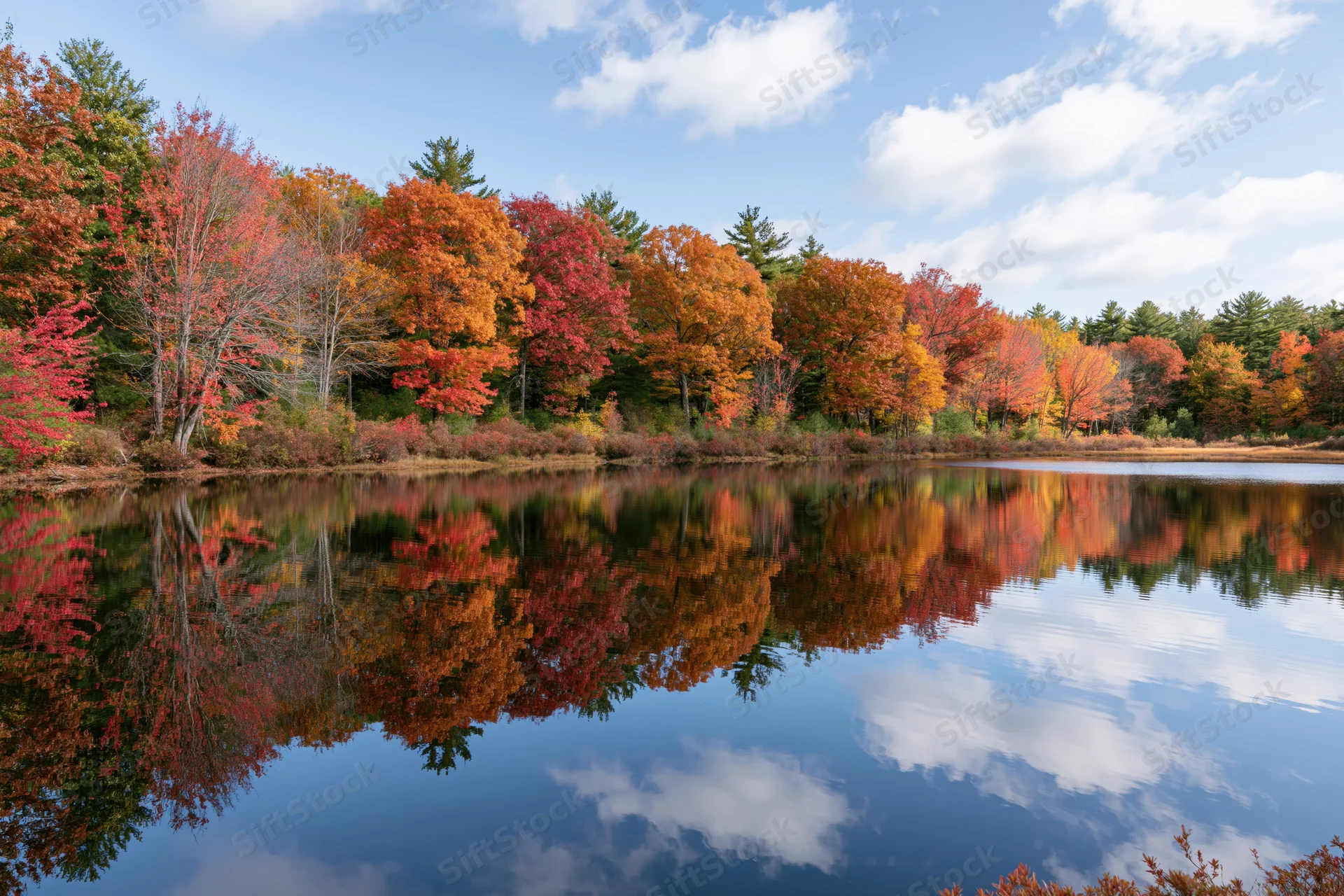 Autumn trees reflecting in calm pond water in New England forest