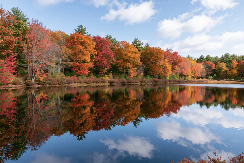 Autumn trees reflecting in calm pond water in New England forest