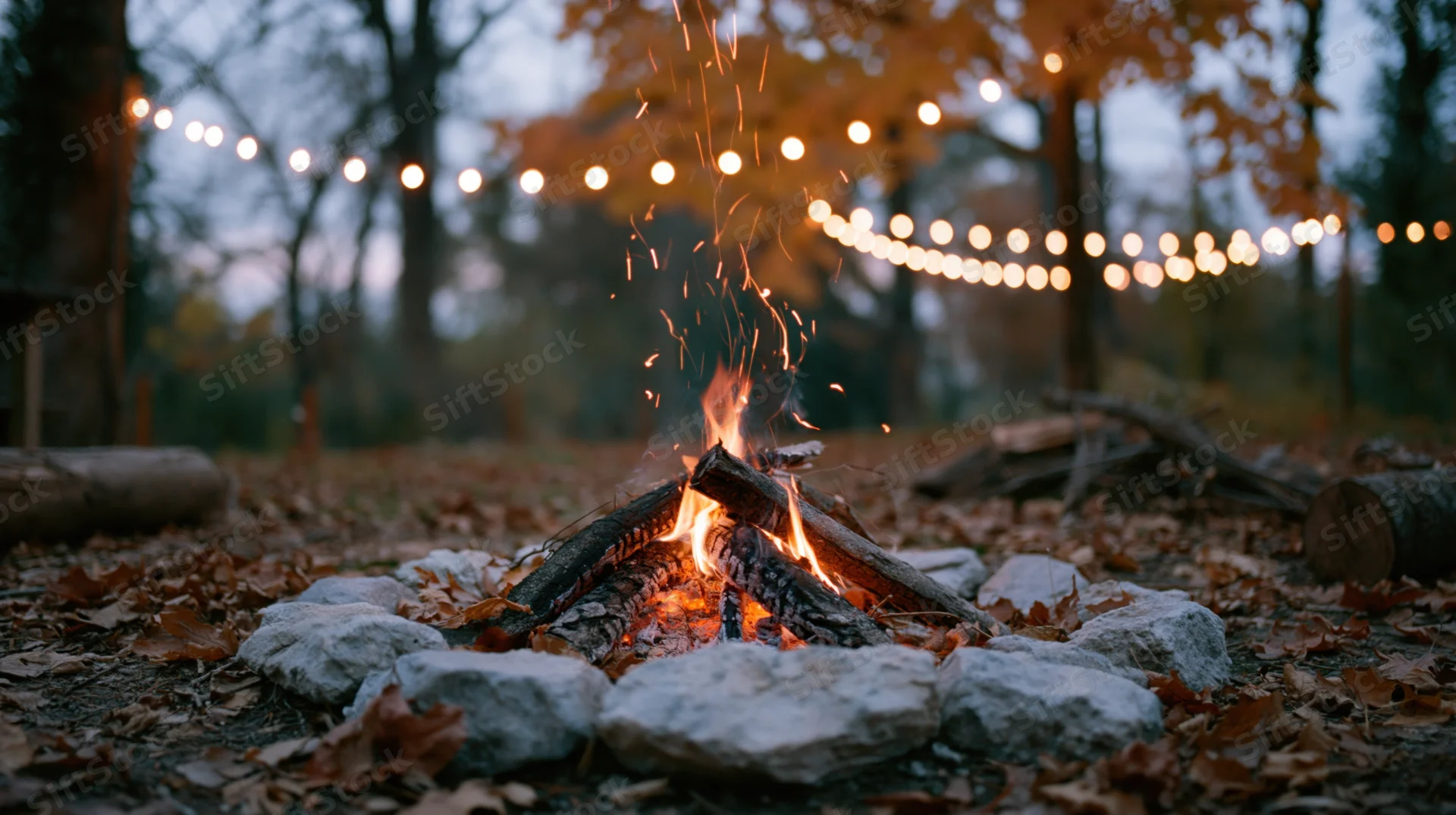 Campfire burning in a stone ring surrounded by fallen leaves in a forest at twilight with string lights glowing in the background