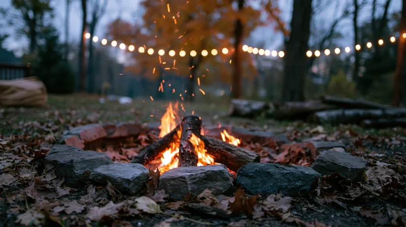 Campfire burning in a stone ring surrounded by fallen leaves in a backyard at dusk with string lights in the background