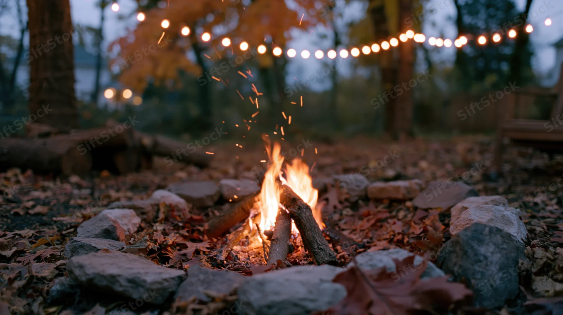 Small campfire burning in a stone ring on a leaf-covered ground at twilight with string lights above